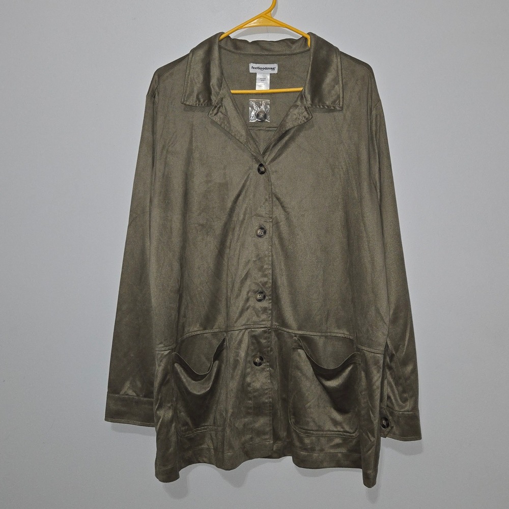 B#88 FeelGoodstore Olive Green Button Front‎ Shirt Jacket 1X Poly Suede Pockets